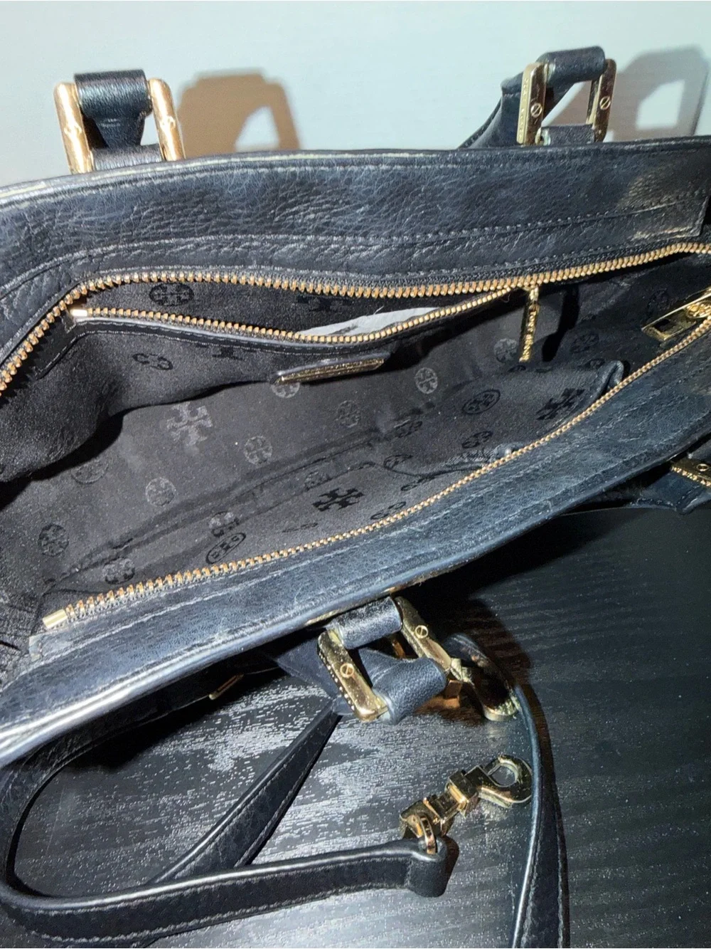 Tory Burch Black Pebbled Leather Crossbody Satchel with Gold Logo